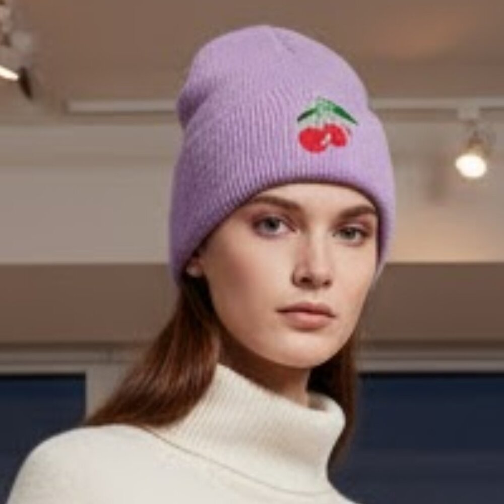 LILAC LAVENDER LIGHT PURPLE CHERRY EMBROIDERED BEANIE